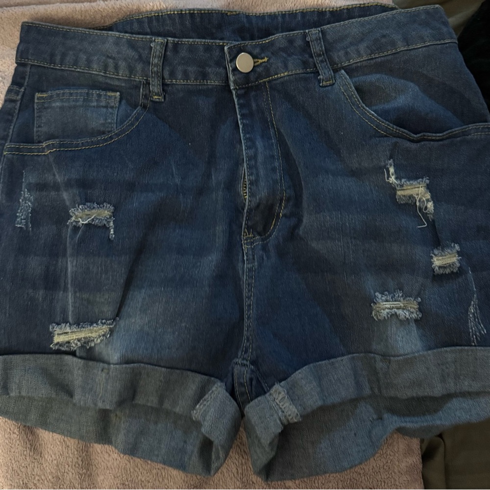 SHEIN Curve Dark Blue Distressed Denim Jean Shorts